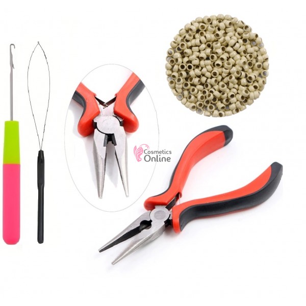 Set pentru extensii de par cu cleste IM001B, 100 inele Nanoring fara silicon cu iglita si croseta Blond Deschis